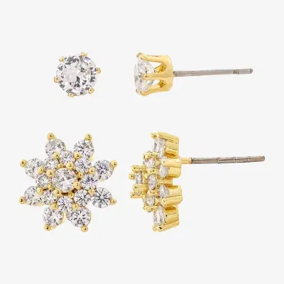Sparkle Allure Womens Cubic Zirconia 14K Gold Over Brass Flower 2 Pair Earring Set