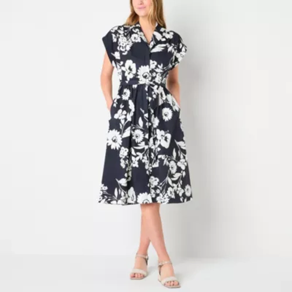Studio 1 Womens Belted Short Sleeve Midi Floral Shirt Dress