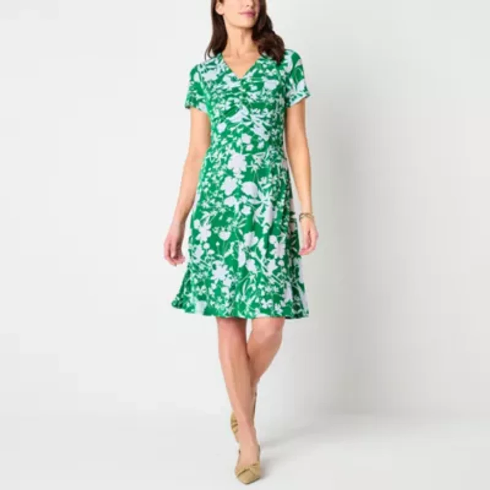 Perceptions Womens Short Sleeve Floral Midi Fit + Flare Dress Petite