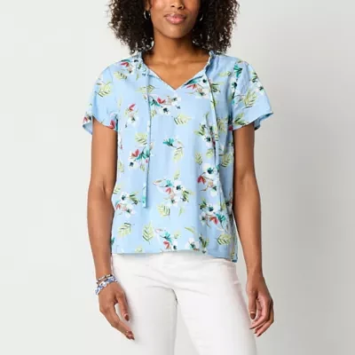 St. John's Bay Womens Split Crew Neck Short Sleeve Blouse