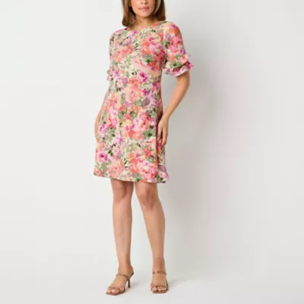 Perceptions Womens Short Sleeve Floral Petite Shift Dress