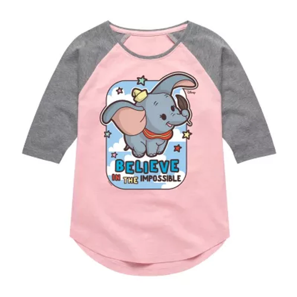 Disney Collection Little & Big Kid Girls Crew Neck 3/4 Sleeve Regular Fit Dumbo Graphic T-Shirt