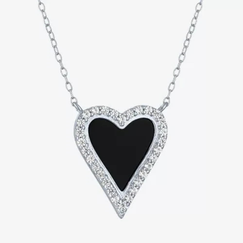 Womens Genuine Black Onyx Sterling Silver Heart 16 Inch Pendant Necklace