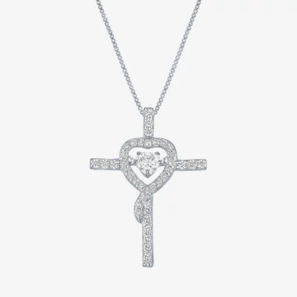 Womens Lab Created White Sapphire Sterling Silver Cross Heart 18 Inch Pendant Necklace