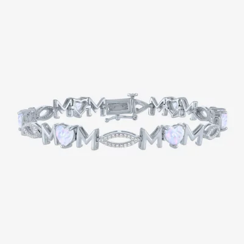 "Mom" Womens Lab Created White Opal Sterling Silver 7.5 Inch Tennis Bracelet