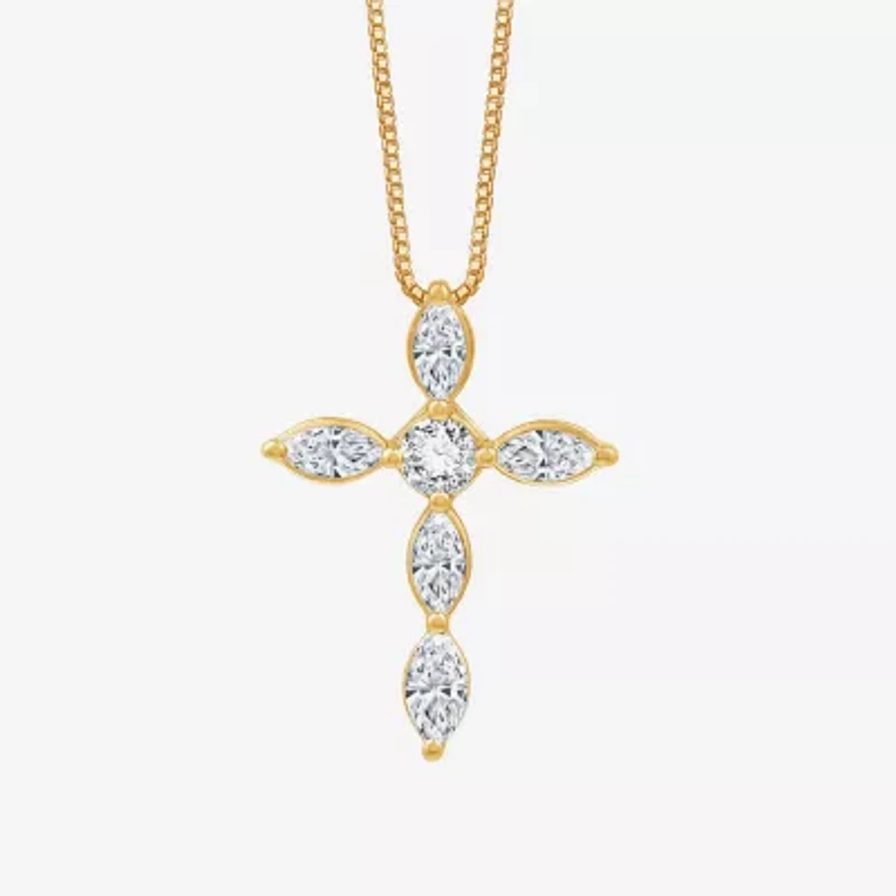 (G Womens 1 CT. T.W. Lab Grown White Diamond 10K Gold Cross 18 Inch Pendant Necklace