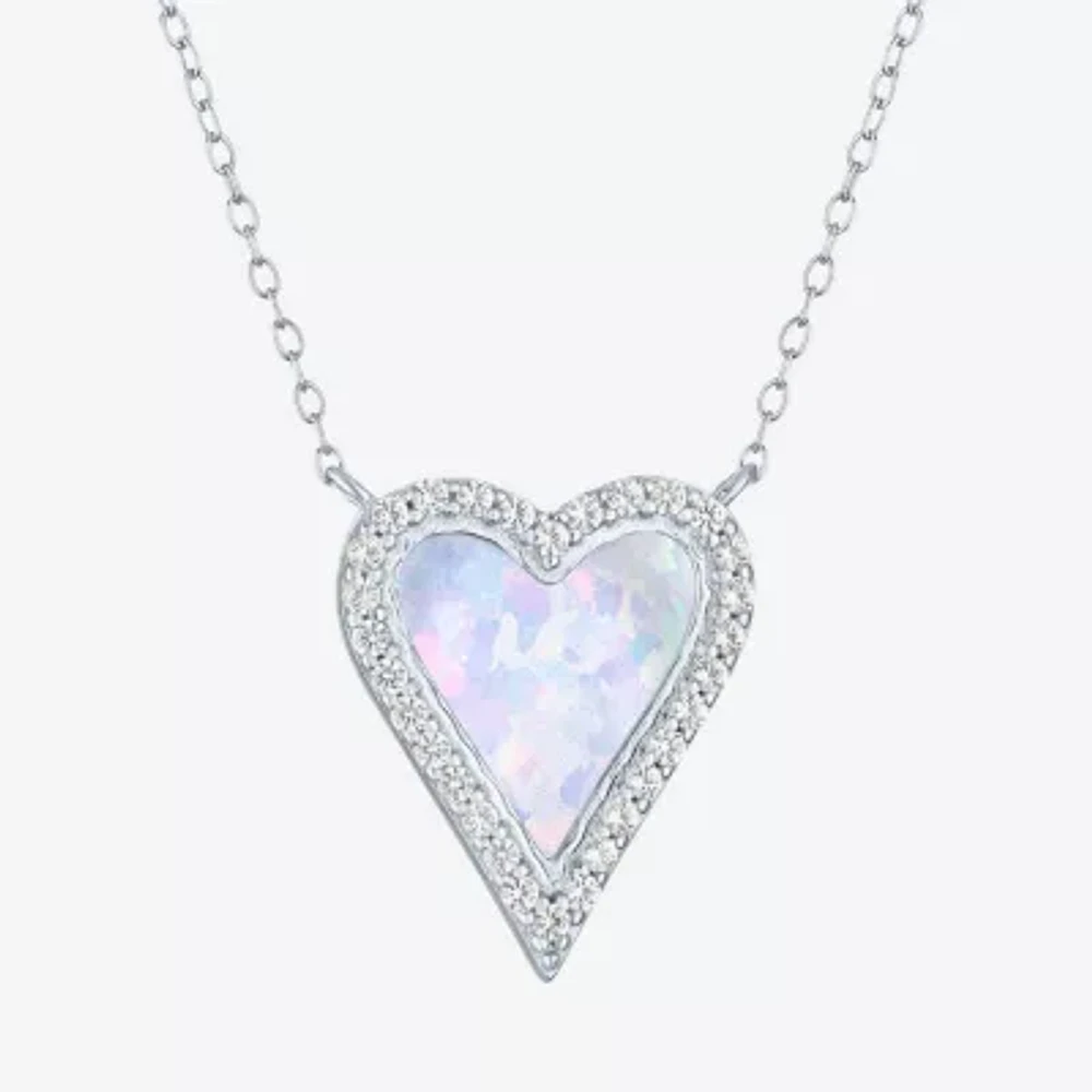 Womens Lab Created White Opal Sterling Silver Heart 16 Inch Pendant Necklace