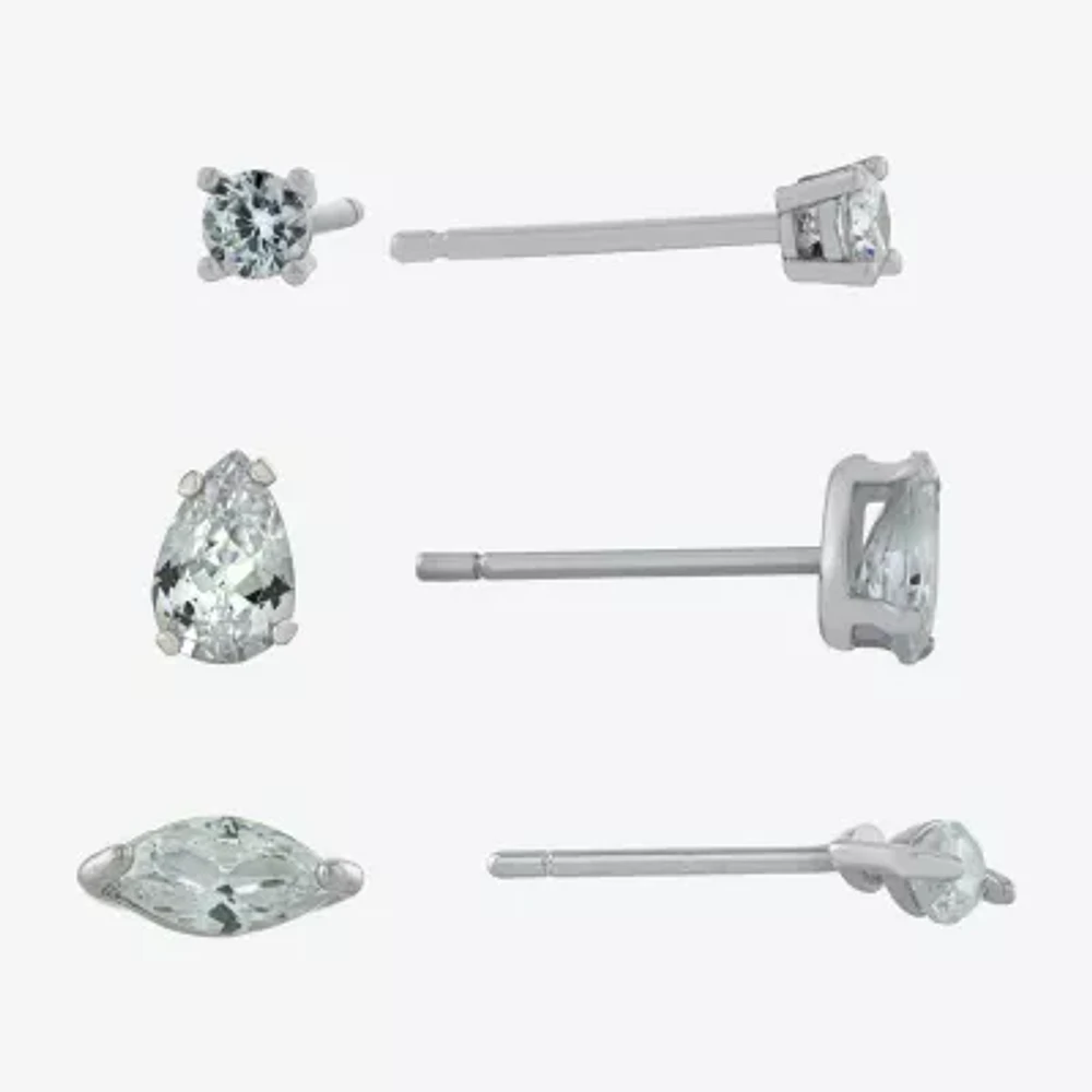 Silver Treasures Womens Cubic Zirconia Sterling Silver 3 Pair Earring Set