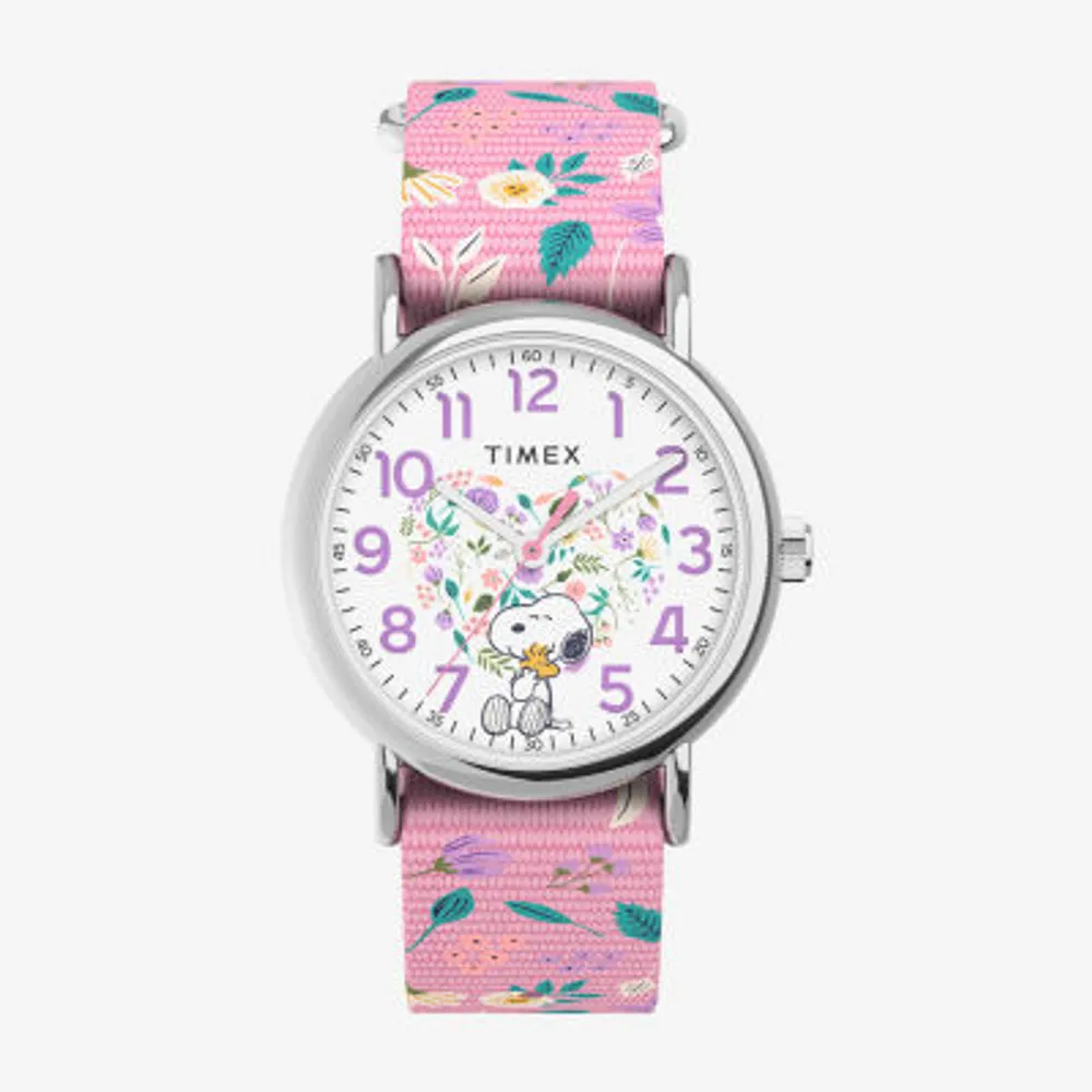 Timex Weekender 38mm Watch - Pink Strap White Dial Silver-Tone Case Peanuts Womens Multicolor Strap Watch Tw2v77800jt