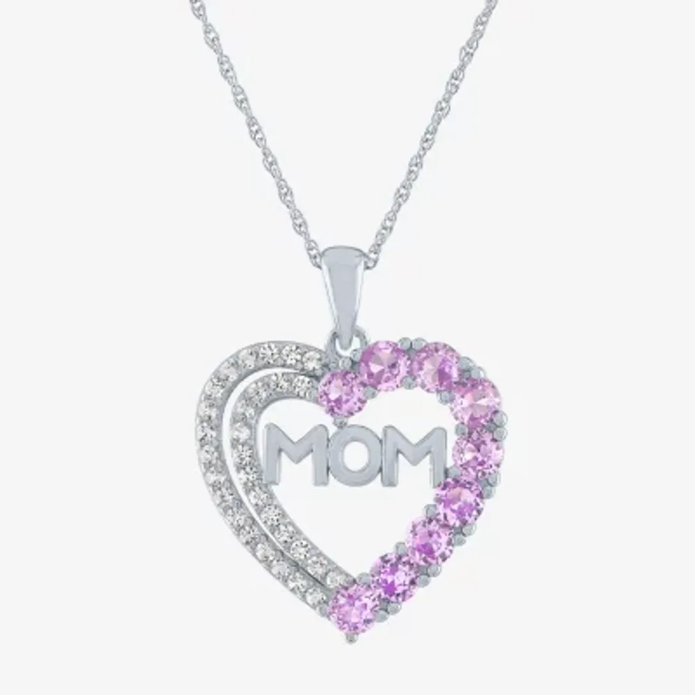 "Mom" Womens Lab Created Pink Sapphire Sterling Silver Heart 19 Inch Pendant Necklace