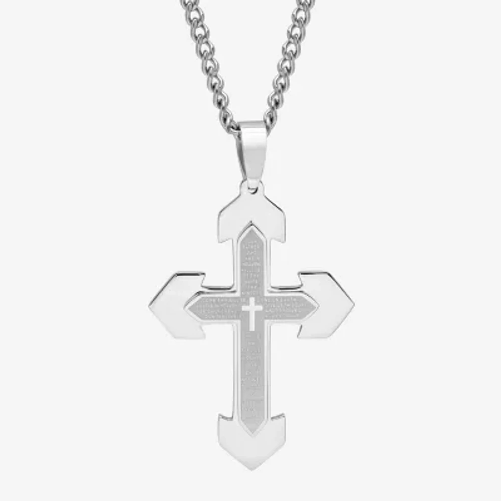 Mens Lord's Prayer Stainless Steel Cross Pendant Necklace