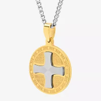 Mens Two-Tone Stainless Steel Lord's Prayer Iron Cross Pendant Necklace