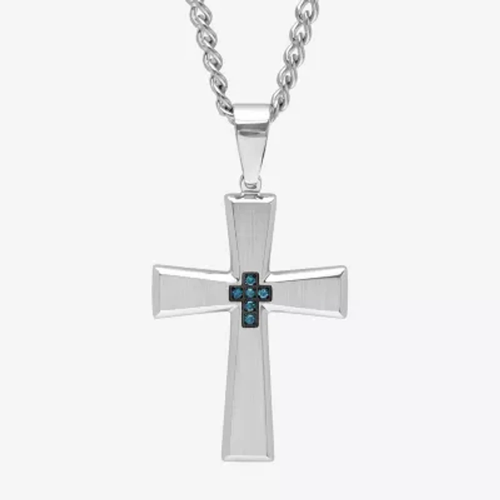 Mens Diamond-Accent Stainless Steel Cross Pendant Necklace