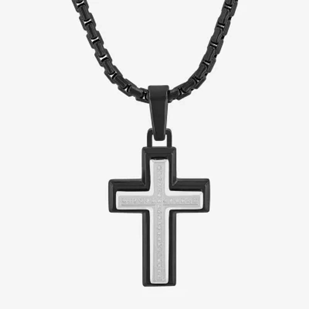 Mens 1/10 CT. T.W. White Diamond Stainless Steel Cross 24 Inch Pendant Necklace