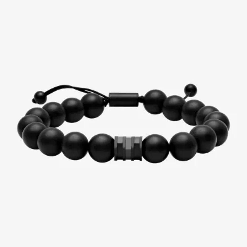 Beaded Mens Genuine Black Onyx Stainless Steel Bolo Bracelet