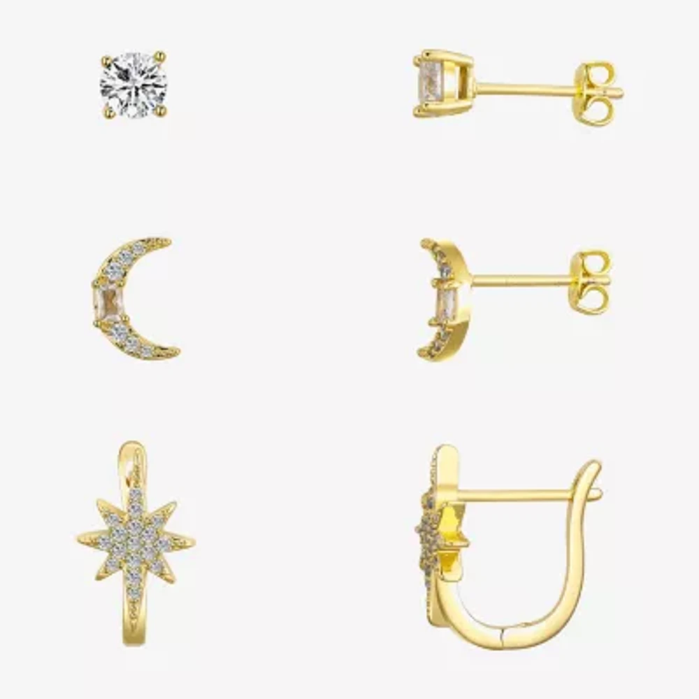 Silver Reflections Womens Cubic Zirconia 10K Gold Over Brass Moon 3 Pair Earring Set