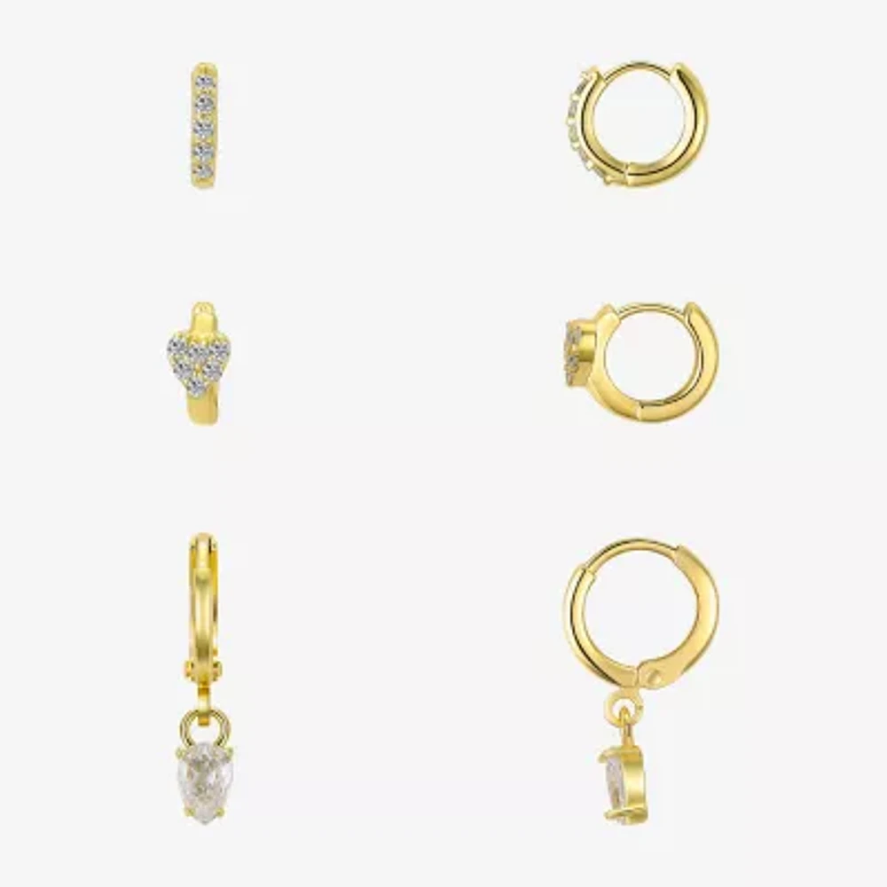 Silver Reflections Womens Cubic Zirconia 10K Gold Over Brass Heart 3 Pair Earring Set