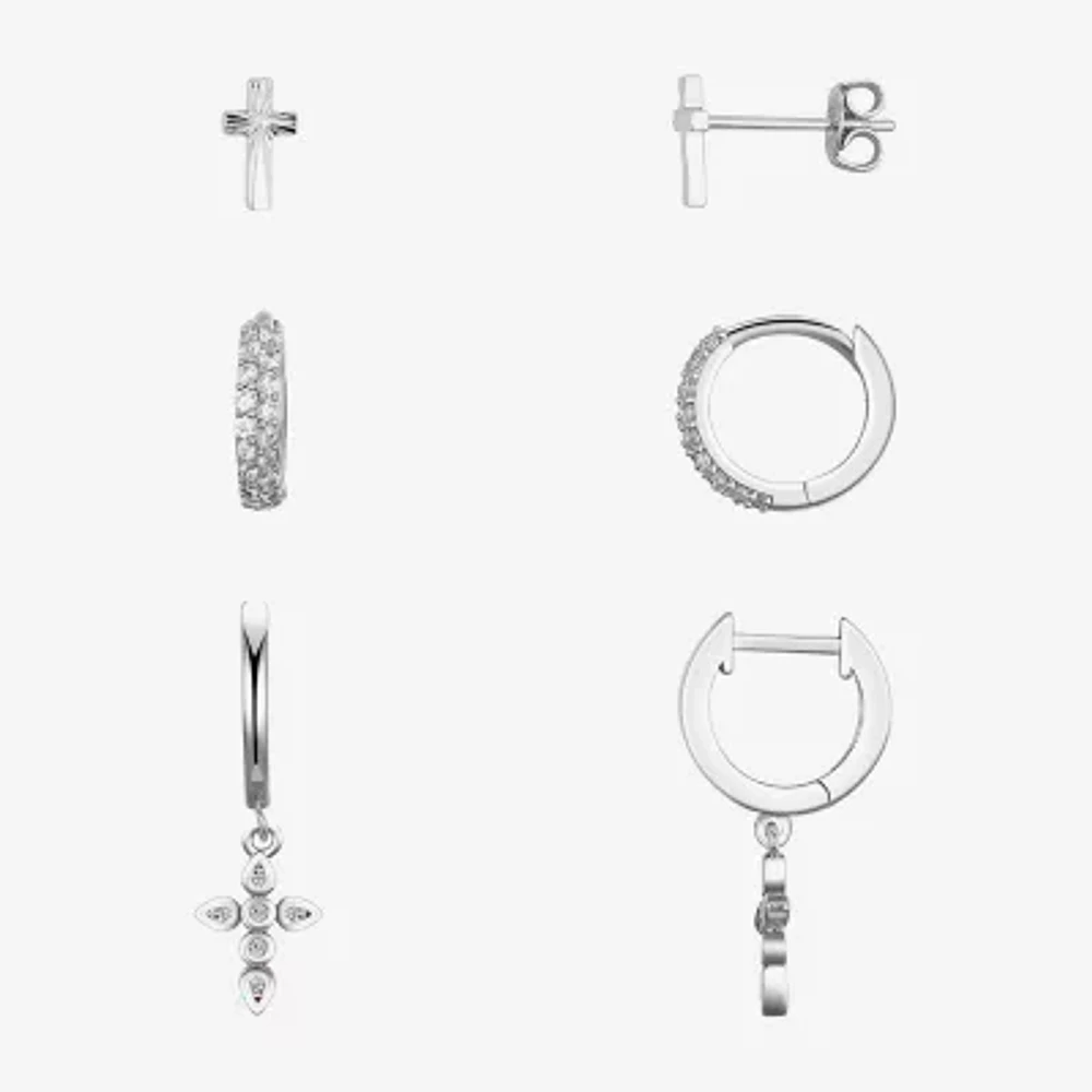 Silver Reflections Womens Cubic Zirconia Cross 3 Pair Earring Set