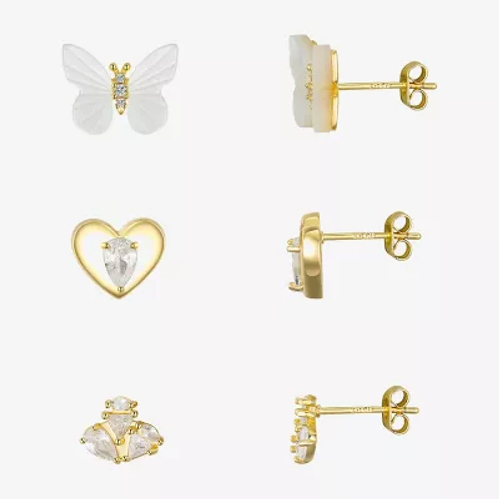Silver Reflections Womens Cubic Zirconia 10K Gold Over Brass Butterfly 3 Pair Earring Set