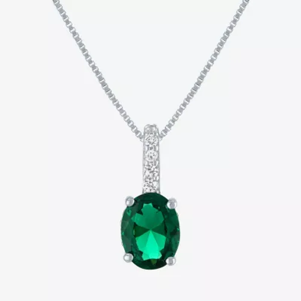 Womens Lab Created Green Emerald Sterling Silver Oval 18 Inch Pendant Necklace