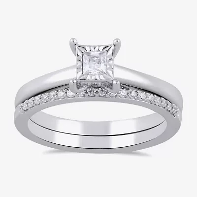 (H / I1-I2) Womens 1/2 CT. T.W. Lab Grown White Diamond Sterling Silver Halo Bridal Set