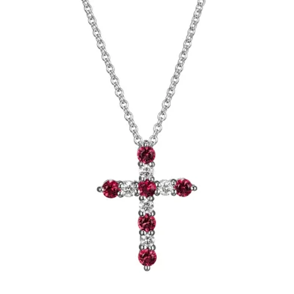 Womens Lab Grown Red Ruby & 1/8 CT. T.W. Lab Grown White Diamond Sterling Silver Cross Pendant Necklace