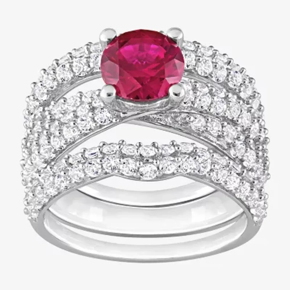 Modern Bride Gemstone Womens Lab Created Red Ruby Sterling Silver Bridal Set