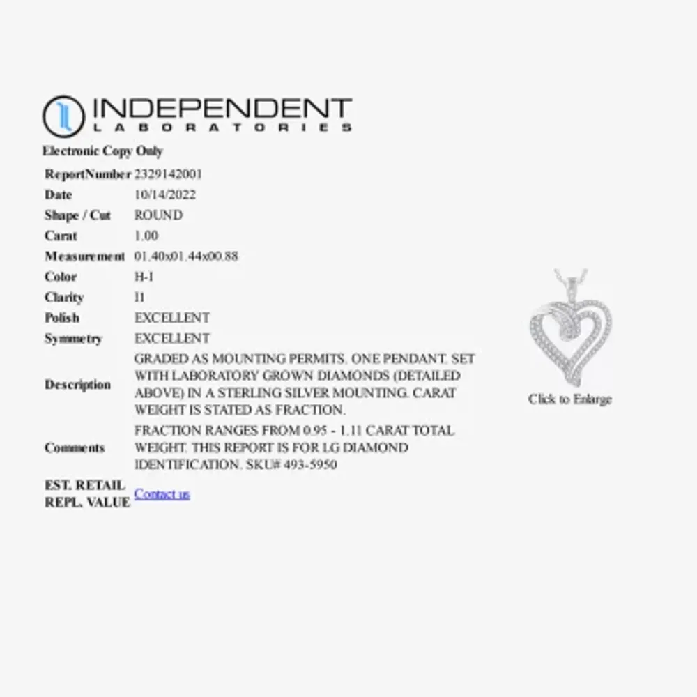 (H-I / I1) Womens 1 CT. T.W. Lab Grown White Diamond Sterling Silver Heart 18 Inch Pendant Necklace