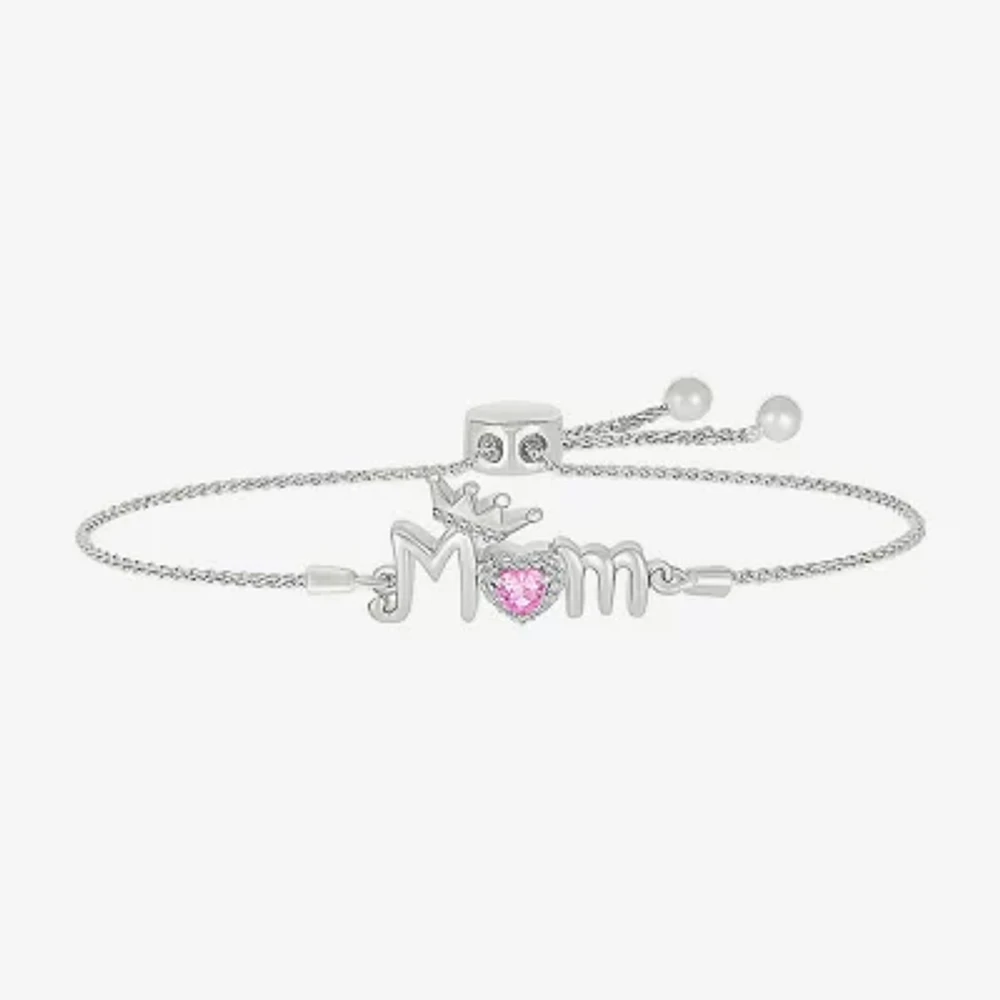 Mom Womens Lab Created Pink Sapphire Sterling Silver Heart Bolo Bracelet