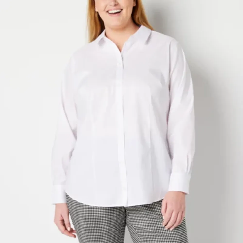 Liz Claiborne Wrinkle Free Womens Long Sleeve Vent Regular Fit Stretch Fabric Plus Button-Down Shirt