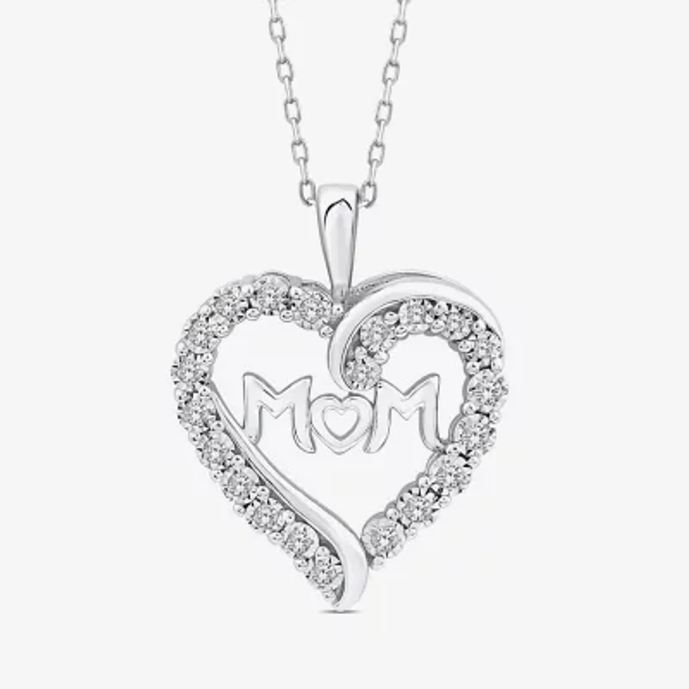 "Mom" Womens 1/4 CT. T.W. Lab Grown White Diamond Sterling Silver Heart 18 Inch Pendant Necklace