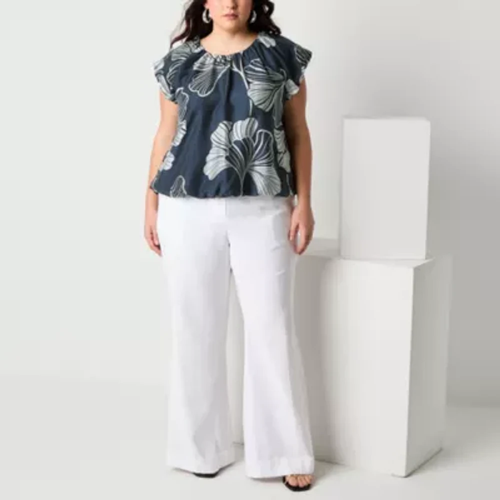 Worthington Womens Round Neck Short Sleeve Plus Blouse
