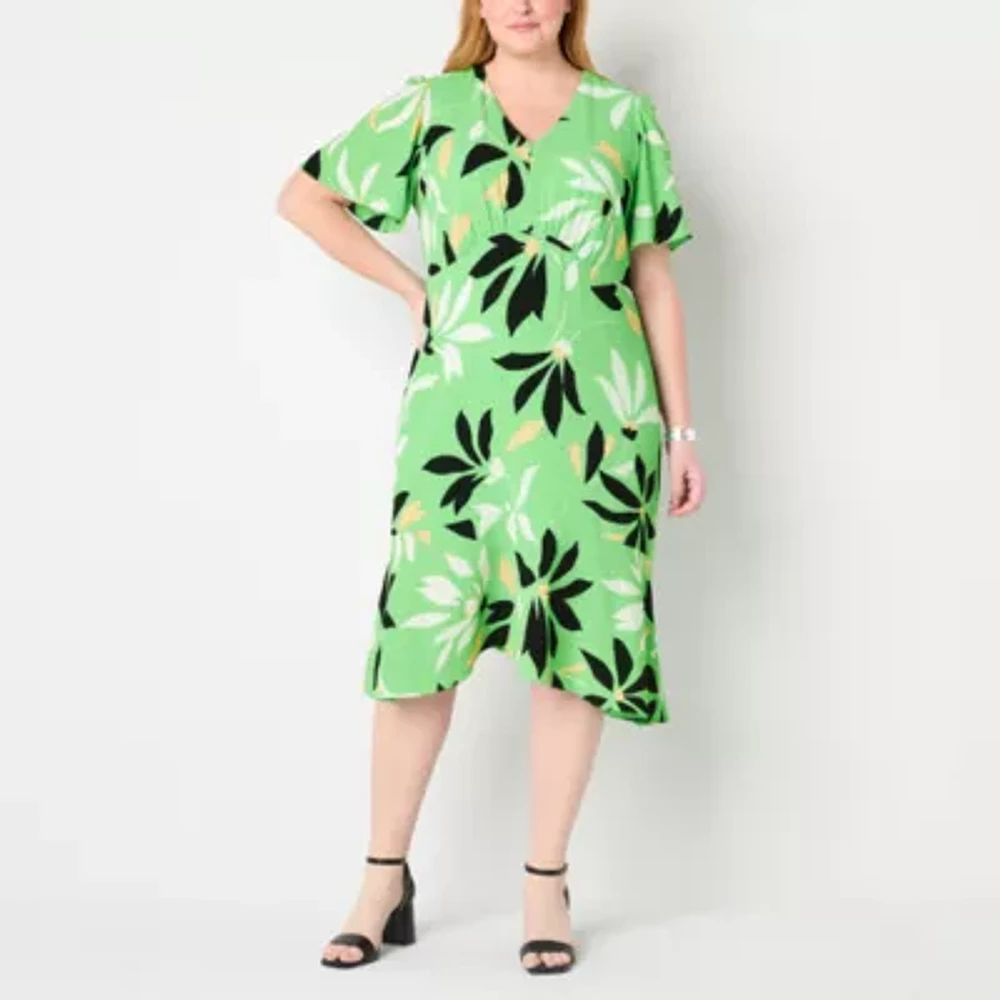 Liz Claiborne Womens Short Sleeve Midi Floral Plus A-Line Dress