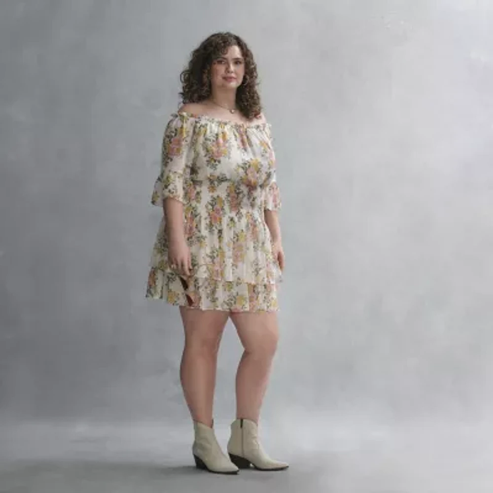 Premier Amour Off The Shoulder Womens 3/4 Sleeve Floral Plus Fit + Flare Dress