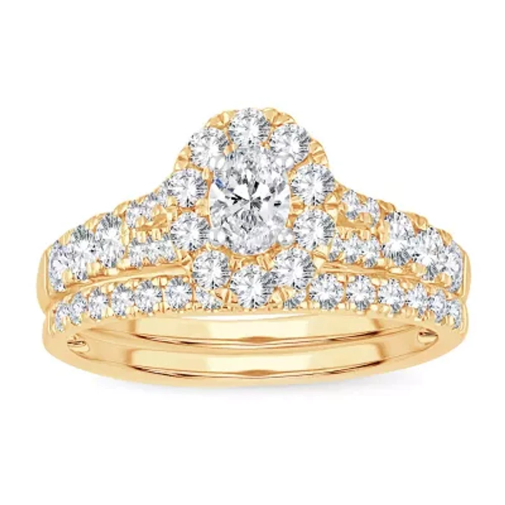 Womens CT. T.W. Natural White Diamond 10K Gold Oval Side Stone Halo Bridal Set