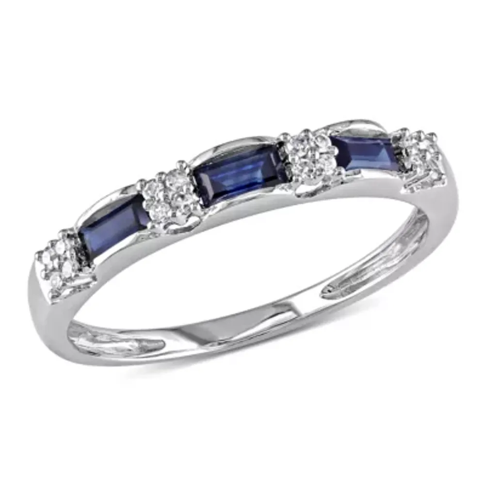 Womens 2MM Diamond Accent Genuine Blue Sapphire 10K White Gold Band