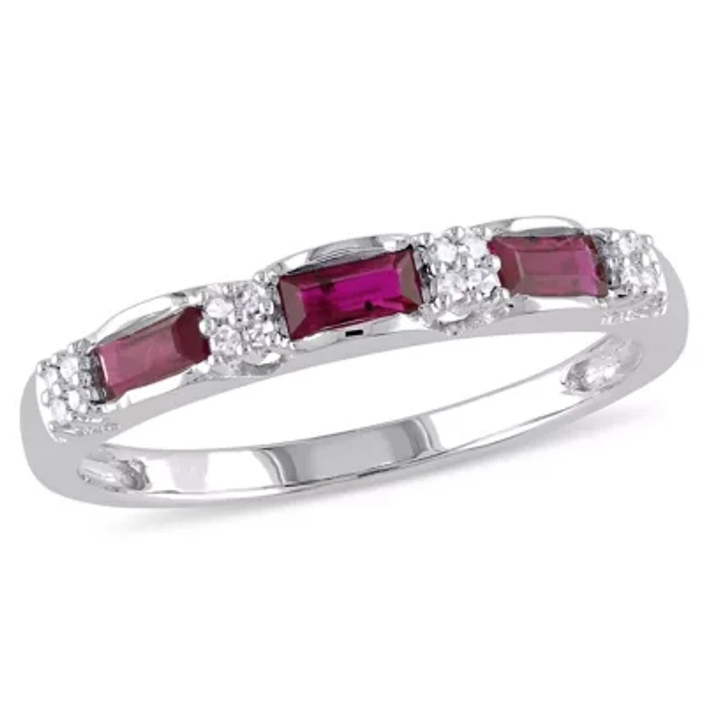 Womens Diamond Accent Lead Glass-Filled Red Ruby 10K White Gold Stackable Ring