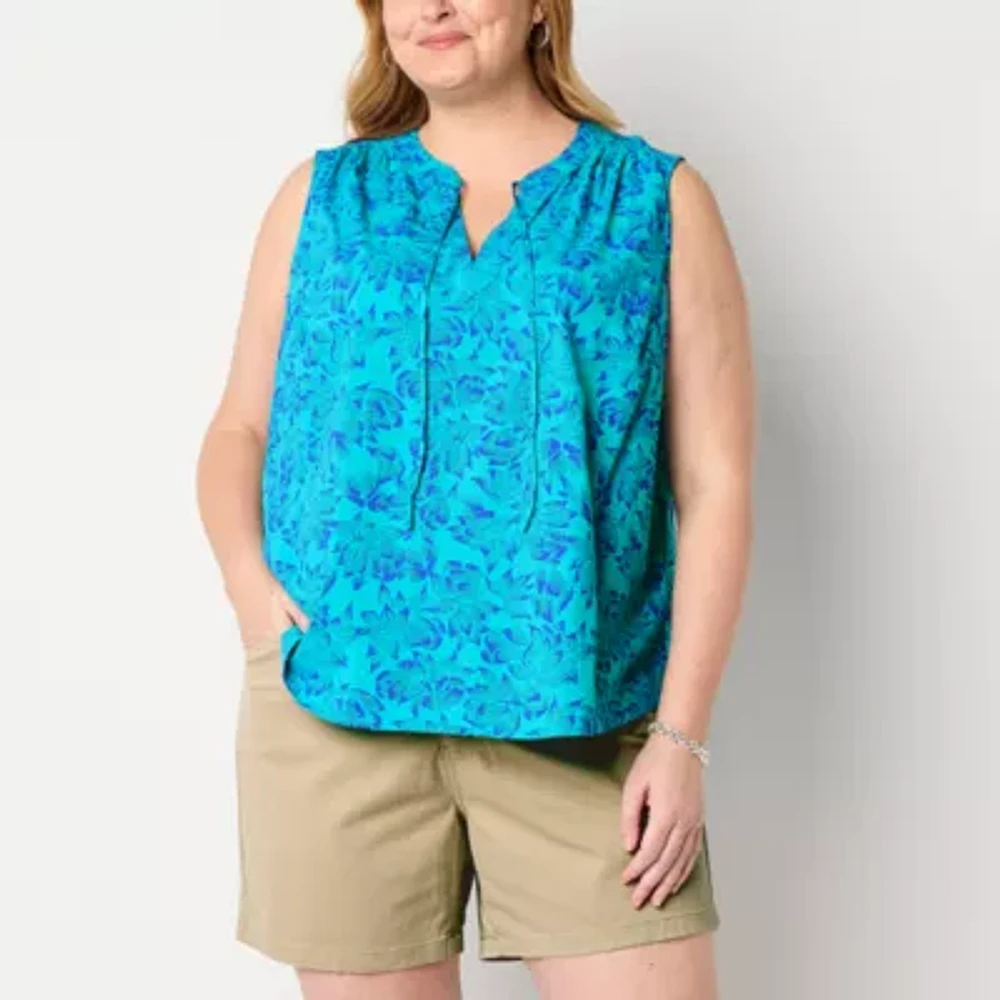 St. John's Bay Womens Split Tie Neck Sleeveless Plus Blouse