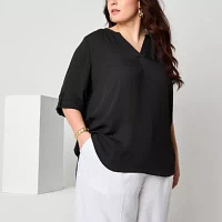 Worthington Womens V Neck 3/4 Sleeve Plus Blouse