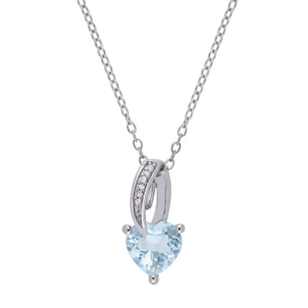 Womens Diamond Accent Genuine Blue Aquamarine Sterling Silver Heart 18 Inch Pendant Necklace