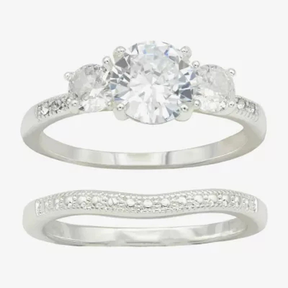 Sparkle Allure Womens Cubic Zirconia Pure Silver Over Brass Round 3-Stone Ring Set