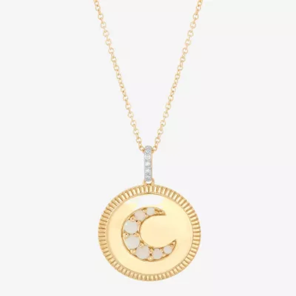 Womens Diamond Accent Lab Created White Opal 10K Gold Moon 17 Inch Pendant Necklace