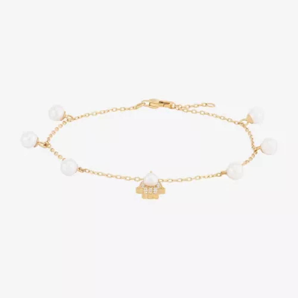 Womens Dyed White Cultured Freshwater Pearl 14K Gold Over Silver Hamsa Charm Bracelet