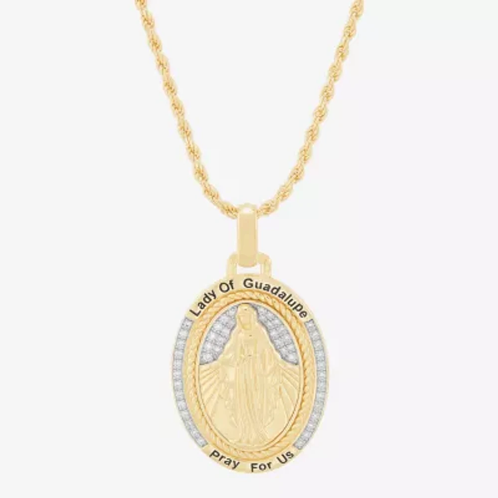 Our Lady Of Guadalupe Mens White Cubic Zirconia 14K Gold Over Silver Cross Pendant