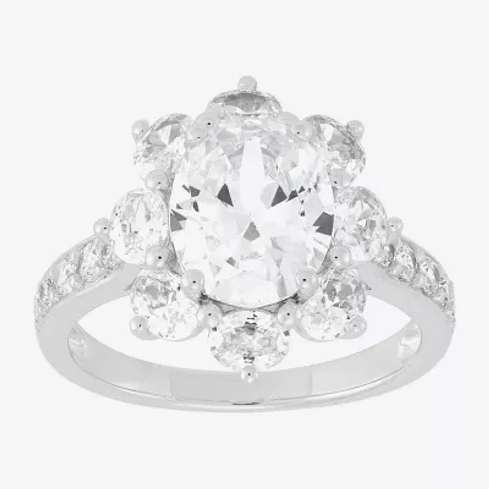 Diamonart Womens Cubic Zirconia Sterling Silver Flower Oval Side Stone Engagement Ring