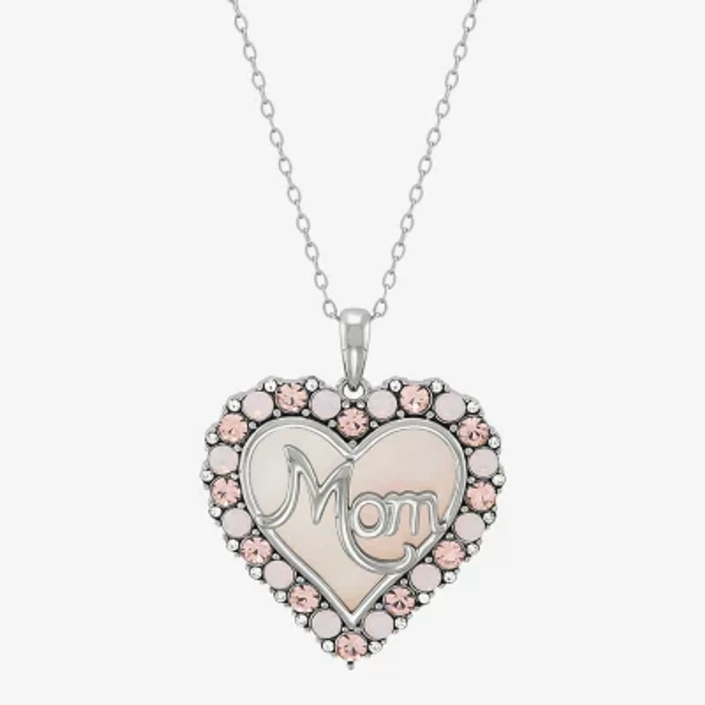 "Mom" Womens Pink Mother Of Pearl Sterling Silver Heart 16 Inch Pendant Necklace