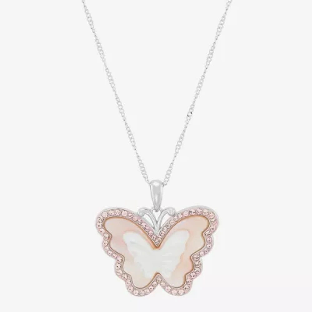 Womens Pink Mother Of Pearl Sterling Silver Butterfly 18 Inch Pendant Necklace