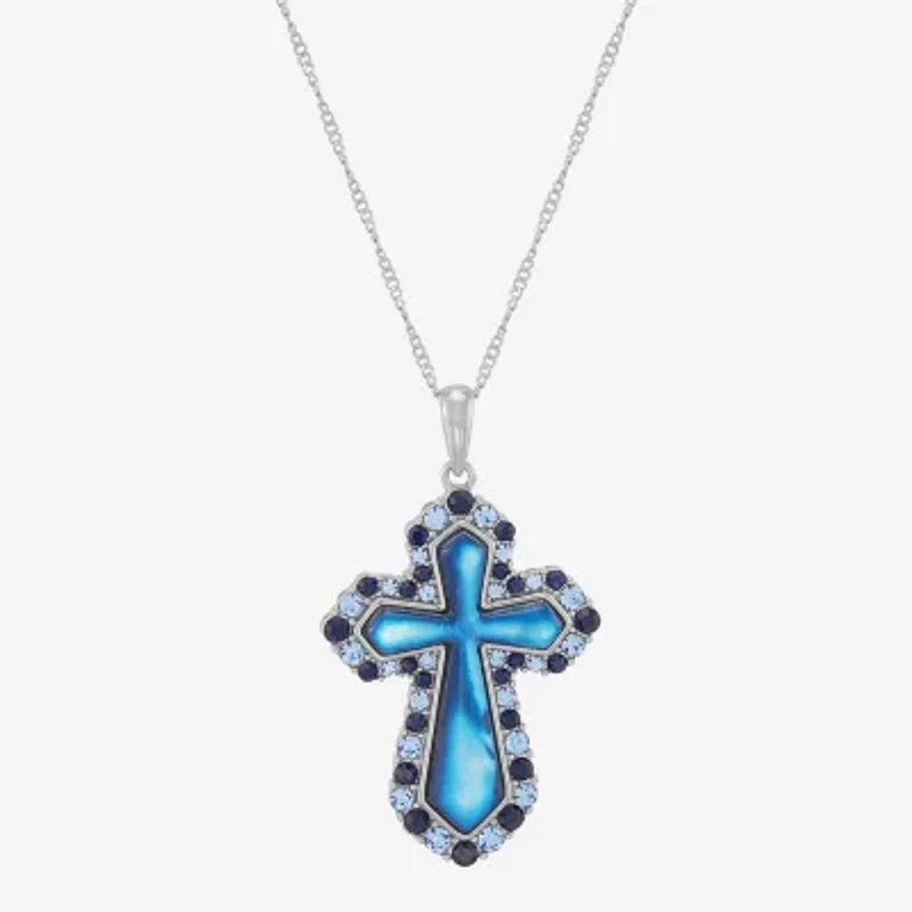 Womens Blue Mother Of Pearl Sterling Silver Cross 18 Inch Pendant Necklace