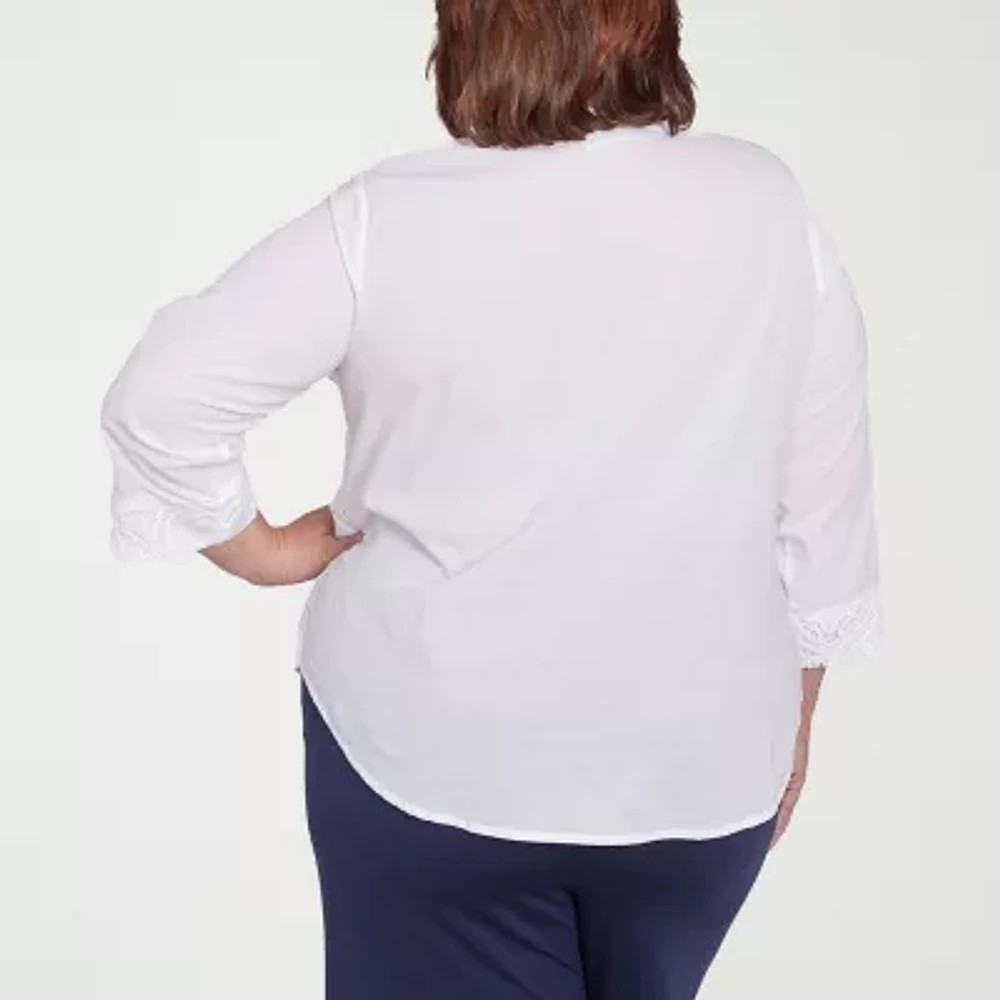 Alfred Dunner Nantucket Womens Split Crew Neck 3/4 Sleeve Plus Blouse