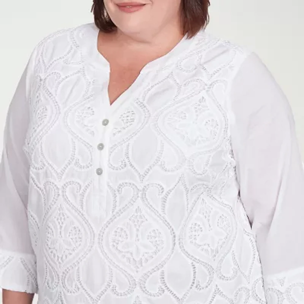 Alfred Dunner Nantucket Womens Split Crew Neck 3/4 Sleeve Plus Blouse